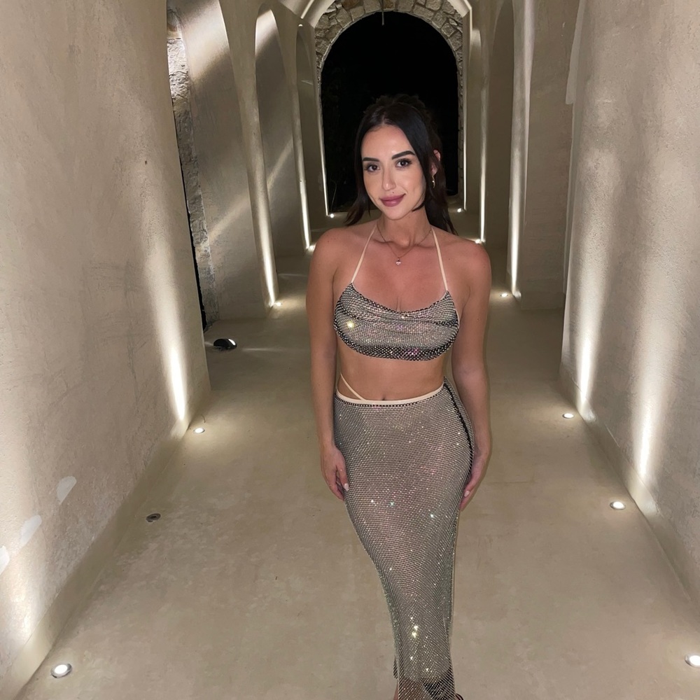 MESHKI Iridescent Halter CROP and midi SKIRT